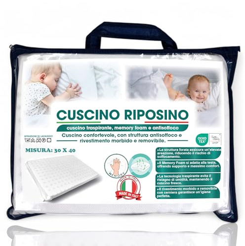 Tex family - Cuscino RIPOSINO Memory Foam | Antisoffoco per Neonato | Traspirante e Sicuro | Misura 30x40 cm, Guanciale per Culletta e Lettino, Bianco, Poliestere, Made in Italy