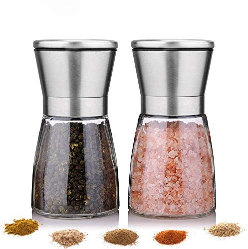 Salzmühle und Pfeffermühle Set- Premium Edelstahl Salz- und Pfefferstreuer mit Einstellbarer Grobität- Salz und Pfeffermühlen aus Glas- Gewürzmühle mit Keramikmahlwerk