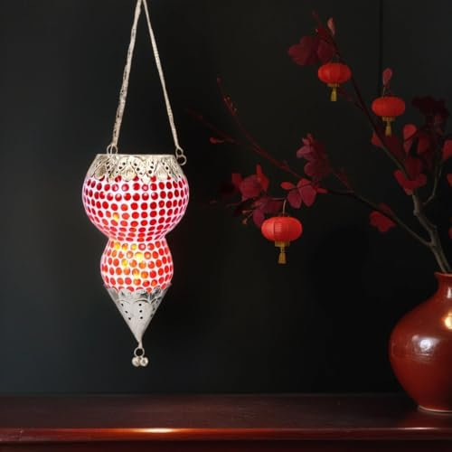 Orientalisches Mosaik Windlicht Hängewindlicht Glas Ajmia Rot 20 cm groß | Orientalische Glas Teelichthalter mit Henkel orientalisch | Marokkanische Windlichter hängend als Hängewindlichter