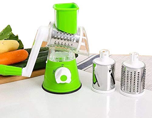 Cortador de vegetales rotativo manual con 3 rebanadoras rotativas de acero inoxidable, cortador de tambor, rebanador intercambiable, cortador de vegetales multifunción para ensalada de col y queso