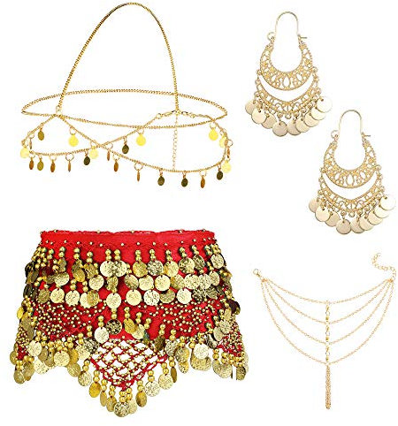Kakonia 4 Sets Bauchtanz-Accessoires für Frauen, Bauchtanz-Hüfttuch, Wickelgürtel, böhmische Goldmünzen-Ohrringe, Kopfbedeckung, Haarkette, Quaste, Fußkettchen-Armband für Frauen Rot
