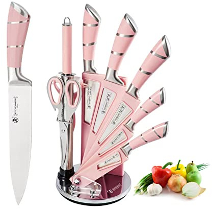 Pink Kitchen Knife Set, 9-Piece - Non-Stick, Sharp, High Carbon Stainless Steel Knives with Acrylic Block - Perfect for Meat Slicing, Chopping - Ideal Kitchen Gifts for Women
