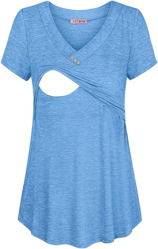 Joymom Blue Maternity Shirt,Ladies Cute V Neckline Short Sleeve Monocolor Nursing Tunics Tops Lactation Fashion Buttons Clothes Office Wear Lightweight Form Fitting L