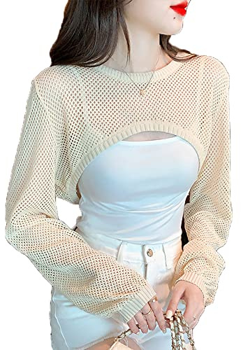 DNLKWGO Top corto de punto de ganchillo de manga larga con hueco, sexy, parte superior de red transparente, Beige, Talla unica