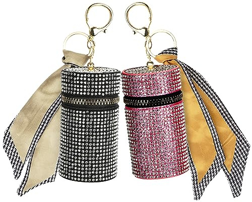 Adorila Paquete de 2 llaveros para lápiz labial, soporte de cuero para brillo de labios, organizador de lápiz labial de viaje para bolso, perfume, esmalte de uñas, Negro + Rojo