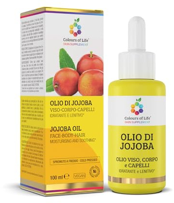Olio di Jojoba, viso, corpo e capelli, olio multiuso, idratante e lenitivo sulla pelle, capelli morbidi e setosi, non urge 100 Ml Colours Of Life SKIN SUPPLEMENT