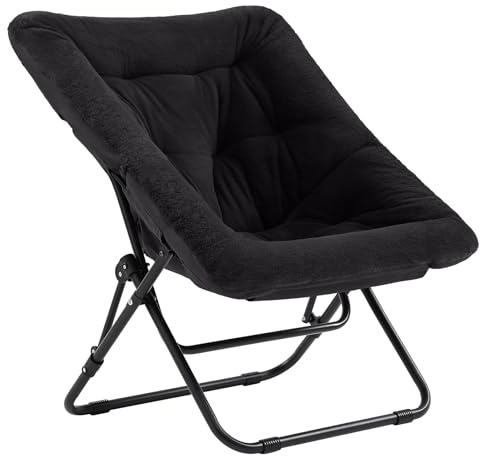 SESHINELL Comfy Saucer Chair, Oversized Foldable Faux Fur Accent Lounge Reading Lazy Chair with Metal Frame for Bedroom, Living Room, Dorm Rooms, Black