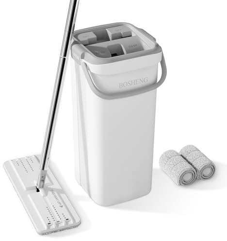 BOSHENG Mop and Bucket Set, Flat Mops for Floor Cleaning, Wall Mop with 60 Extensible Handle, Hardwood Floor Mop with 2 Microfiber Pads