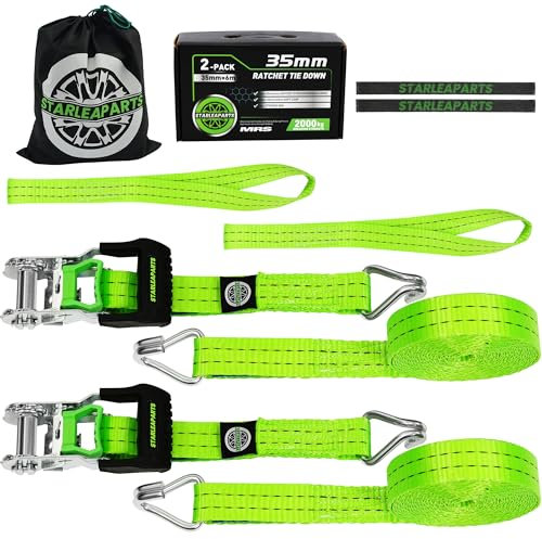 StarLeaparts Lot de 2 Sangles de Roue, 35mm x 6m, 2000kg, Sangles d'arrimage pour Transport Voiture, Sangle de Serrage Pneu, Sangle a cliquet Roue, Sangle de sécurité de Roue, Vert