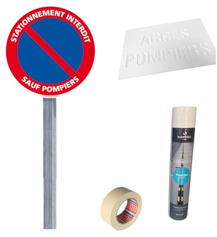 Adzif.biz Le sticker de decoration - Kit Panneau et Pochoir Stationnement Interdit - Pompiers - Poteau Galvanisé + Peinture.