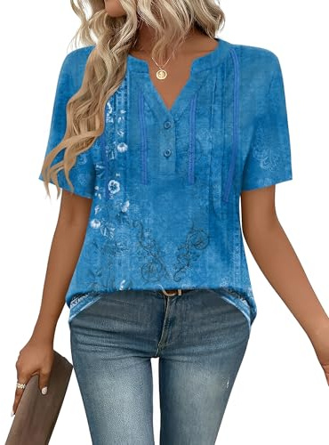 IECCP Women Tops Casual Short Sleeve T-Shirts Summer Dressy Tunic Fashion Floaty Pleated Clothes Buttons Blouses Shirts Blue Floral L (UK 16-18)