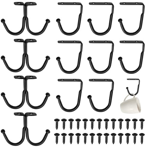 12 Stück Haken für Unter Regal, Tassen Haken Unter Schrank Metall mit Schrauben, Tassenhalter Schrank Küchenhaken Schwarz für Tassen Utensilien Mantel Hut Krawatte und Pflanzer