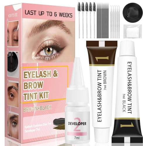Eyelash & Eyebrow Color Kit,2 in 1 Professional Lash & Brow Color Kit Lash Color Kit with Brush Long Last Effect Up to 6 weeks,Natural,Safe & Easy Natural Brows Color DIY at Home (Black and Brown)