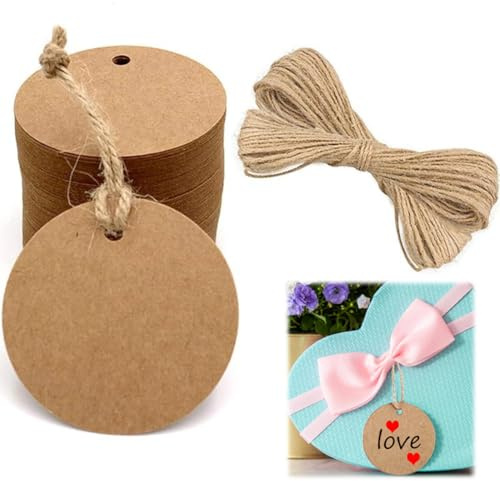 GNALIA Etichette Kraft 4 Cm Cuori Di Carta 100 Pezzi + 20 M Spago Di Iuta, Cartoncino Naturale Per Regali Artigianali Matrimoni Natale
