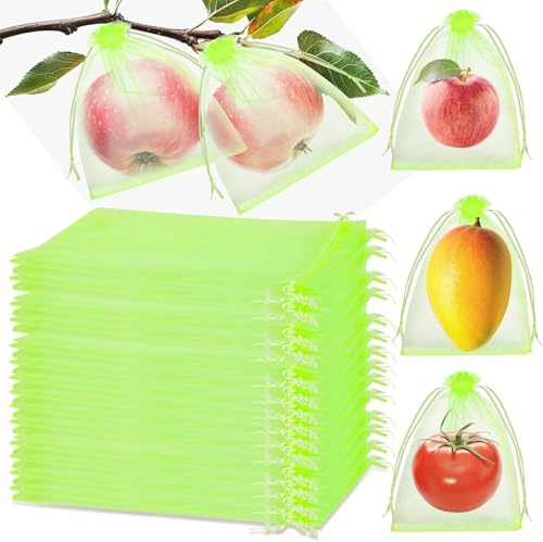 100 bolsas de red de protección de frutas con cordón, 17 x 23 cm, protección para plantas, bolsas de red para frutas, verduras, flores, jardín, reutilizables