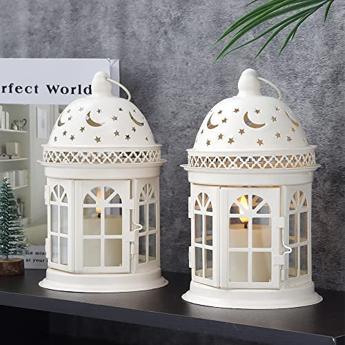 JHY DESIGN Hängende Kerzen Laternen 21cm Hohe Set mit 2 Gartenlaterne Metall Glas Fenster Kerzenhalter für Echte Kerze Garten Innen Hochzeit Schlafzimmer Draußen Wohnzimmer Bettseite Balkon (Weiß)