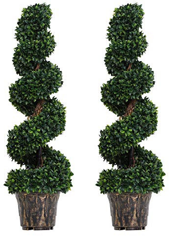 Outsunny Set of 2 Artificial Trees, Artificial Boxwood Spiral Topiary Trees Potted Decorative Plant Indoor Décor 120cm