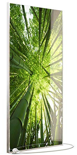 STEINFELD Heizsysteme® Glas Bildheizung Infrarotheizung mit Thermostat | Hochkant | viele Motive 350-1200 Watt Rahmen silber/alu (750 Watt, 023H Bambusbaum)