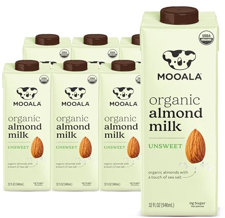 Mooala Organic Almond Milk Unsweetened 32 fl oz (Pack of 6) –Shelf-Stable, Lactose Free, Gluten-Free, Vegan, No Added Sugar, Plant-Based Beverage