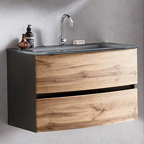 Lomadox Waschtisch 80 cm Graphitgrau mit Wotaneiche Nb. inkl. Glaswaschbecken grau, BxHxT: ca. 80x53x49 cm