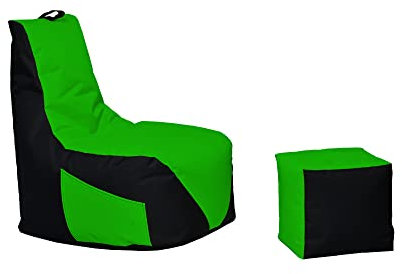 Momiralland Gaming Sitzsack - mit Lehne Sitzkissen - Beanbag - mit Reißverschluss - BodenKissen Sessel In- & Outdoor geeignet - Gaming mit PC Xbox & PlayStation (Schwarz - Grün, Sitzsack + Hocker)