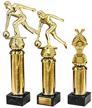 eberin – Bowling Pokal: 3 Figuren, 3 Größen, Mann/Frau/Kegel – Goldsäule/Marmorsockel – Trophäe und Award mit Wunschgravur