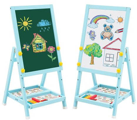 Tableau pour enfants en bois, Art Easel Mini bleu Tableau blanc double face et tableau noir pour enfants avec chiffres et autres accessoires pour enfants et bambins
