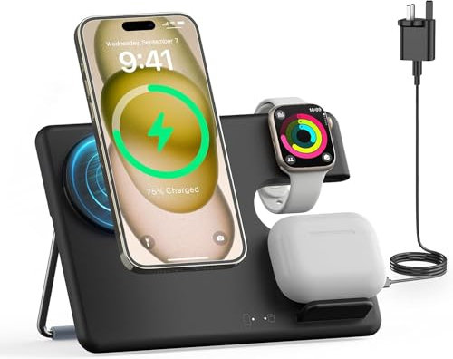 JoyGeek Charger Stand with MagSafe, 3 in 1 Wireless Charging Station for i Phone 16/15/14/13/12, Multi Charger Station for iWatch 10-2/Ultra, Charging Stand for AirPods 4/Pro/3/2-Black