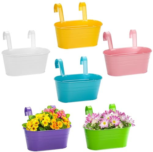 Foraineam 6 Stück Metall Hängende Blumentöpfe Eisen Blumentopfhalter zum Aufhängen mit abnehmbarem Haken Metall Pflanztopf Hängetöpfe für Geländer Zaun Balkon Fenster