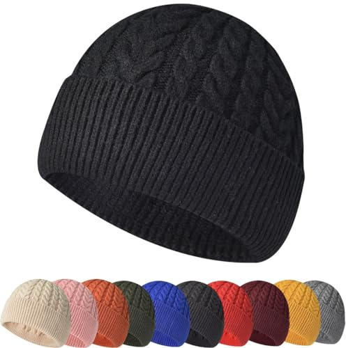 Chapeaux Tricotés Chauds d'hiver Homme Femme Beanie Hat Swag Miki Hat Laine Mérinos Beanie Hat Bonnet de Pêcheur Unisex Bonnet de Trawler Watch Cap,Noir