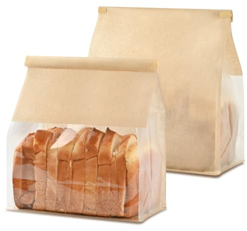 Ohuimrt 50 PCS Paper Bread Bags for Homemade Breads, 11 x 8.7 x 4.3 Inches Kraft Bakery Bags with Tin Tie Tab Lock Sourdough Bread Bags with Window Baked Foods Packaging Storage