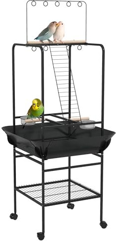 PawHut Bird Table, Bird Feeder Stand with Wheels, Perches, Stainless Steel Feed Bowls, Pull-Out Tray for Indoor, Outdoors, Small Parrot Table - Dark Grey