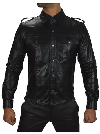 awanstar AW-669 Schwarz Leder Hemd mit Ärmelmanschetten Herren lederHemd aus echtemleder (DE/NL/SE/PL, Alphanumerisch, XL, Regular, Regular, Schwarz)