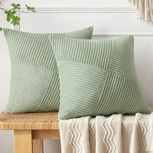 MIULEE Kissenbezug 50x50 Bohnengrün frühling Kordsamt 2er Set Kissenbezüge Zierkissenbezug Kissenhülle Sofakissen Dekokissen Streifen Muster Patchwork Design für Wohnzimmer