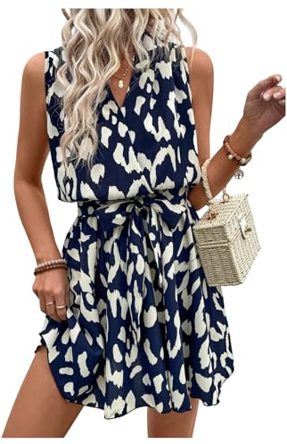 SOLY HUX Women's Summer Dress Printed Sleeveless V Neck Wrap A Line Flowy Belted Vacation Short Dresses Dark Blue Printed Medium