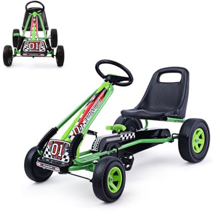 SOARS Kinderauto, Pedal-Gokart mit Sitzen verstellbar in 2 Positionen und 4 rutschfesten Rädern, Vorwärts- und Rückwärtsgang, maximale Belastung 30 kg, Geschenk für Kinder ab 3 Jahren (Grün, 101 x 61