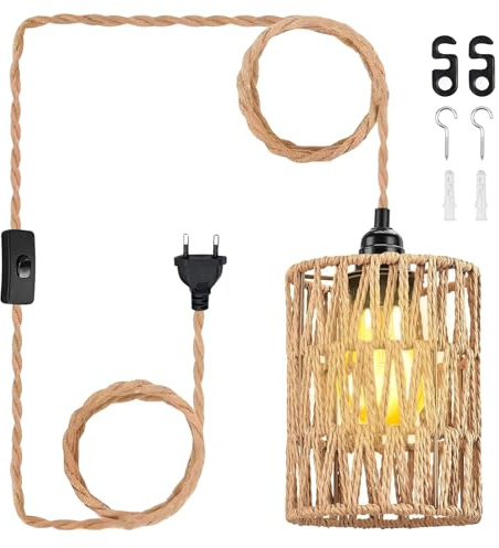 Lampada a sospensione con spina, 4,5 m, E27, in rattan, lampada a sospensione con spina, lampada a sospensione boho da cucina, balcone, corridoio, interno