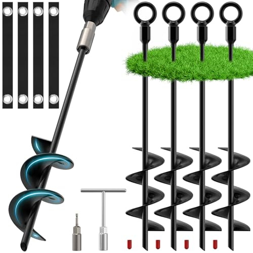 Housolution 18 Trampoline Stakes, 4 Pack Heavy Duty Ground Anchors with Safety Belts, Trampoline Accessories Resist High Wind, Ground Stakes for Camping Tents, Trampolines, Canopies, Swing Set, Shed
