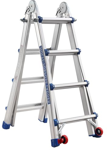 TEENO Escalera de Aluminio Multifunción 4 M| 4x4 Peldaños| Escalera Telescópica 5 en 1 con Desmontable Ruedas y Base Triangular Reforzada| Carga Máxima 150 kg