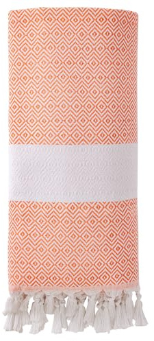 HMETOL 1 Pack Turkish Beach Towel, Geometric Design with Tassel, Sandproof, Quick Dry, Versatile As Yoga Mat, Picnic Blanket, Travel Blanket Orange 180 x 100cm