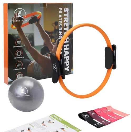 Stretch Happy Premium Pilates Ring Set 15 Magic Circle With Dual Padded Handles, 9 Mini Ball, 5 Resistance Bands With Complete Guides
