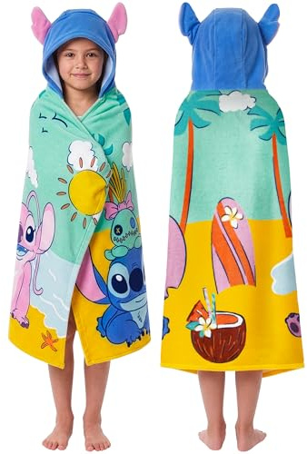 Disney Poncho Lilo y Stitch para Niña, Toalla Stitch Niña con Capucha y Orejas 3D Poncho Toalla, Playa o Ducha, Albornoz Niños, Talla Única
