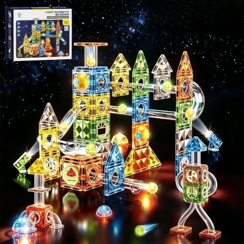 VICTERR Mattoncini Magnetici Montessori 105 Pezzi con LED e Pista per Biglie – Gioco STEM Montessori da 3 Anni – Set Magnetico Educativo Smart Magneti per Bambini