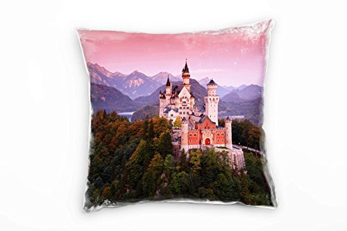 Paul Sinus Art Urban, Schloss Neuschwanstein, Abend, rot Deko Kissen 40x40cm für Couch Sofa Lounge Zierkissen - Dekoration zum Wohlfühlen