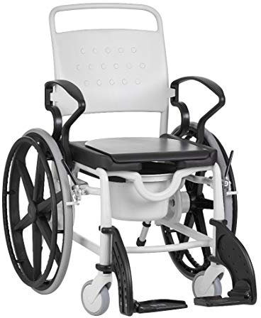 FabaCare Dusch- Toilettenrollstuhl Miami, 24 Zoll Räder, bis 150 kg, made in Germany, Premium Toilettenstuhl, Duschstuhl fahrbar, Rollstuhl mit WC Eimer, Grau-Schwarz