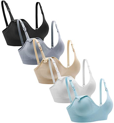 Suekaphin amnings-BH 5-pack trådlös v-ringad moderskap amnings-bh bralette låg skärning sovande amning med förlängare, Svart/nude/vit/grå/ljusblå, M