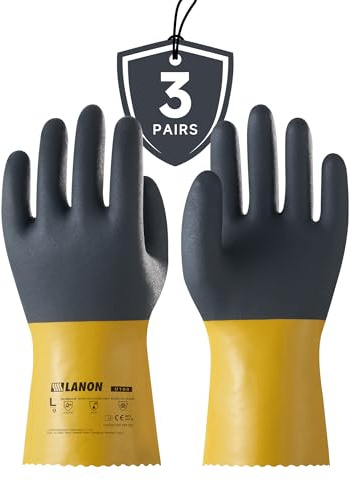 LANON 3 Pairs PVC Chemical Gloves, Thick Rubber Work Gloves, Heavy-Duty, EN 374/388, Acid, Alkali and Oil, Non-Slip, XL