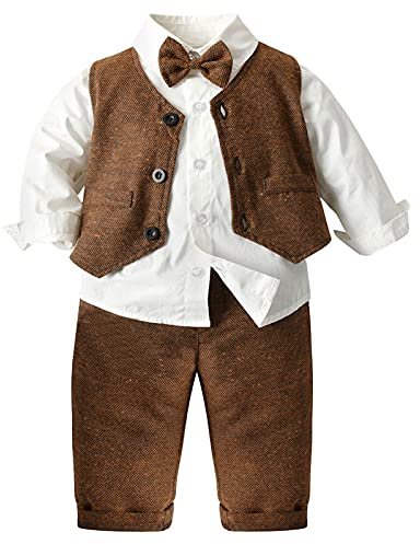 SXSHUN 3Pcs Bébé Garçon Tenue Costume d'honneur en Coton Chemise à Nœud Papillon+Pantalon Longues+Gilet Mode Costume Fête de Noce, Marron, (Taille l'étiquette:120CM)