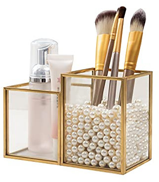 HARLIANGXY Porta Pennelli Make Up in Vetro Trasparente, Porta Pennelli da Trucco, Organizzatore per Cosmetici Oro, Organizer Pennelli Trucco, per pennelli, Eyeliner, Matite e Mascara
