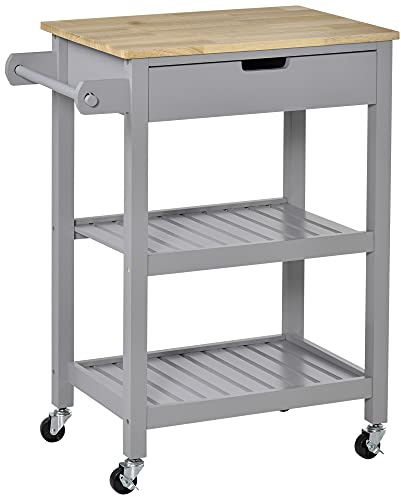 HOMCOM Kitchen Trolley Utility Cart on Wheels with Rubberwood Worktop, Towel Rack, Storage Shelves & Drawer for Dining Room, Grey